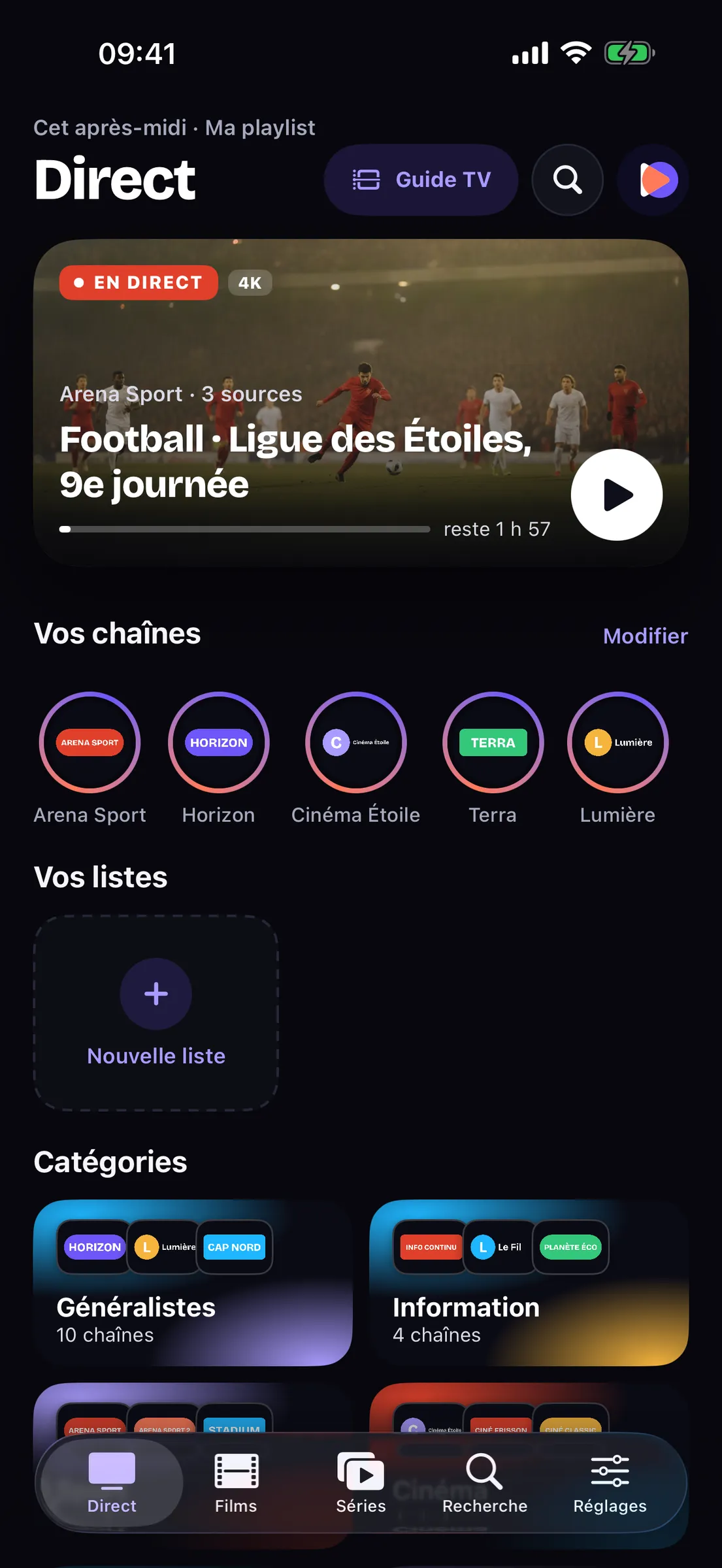 IPTVista sur iPhone : l'écran Direct, chaînes et catégories