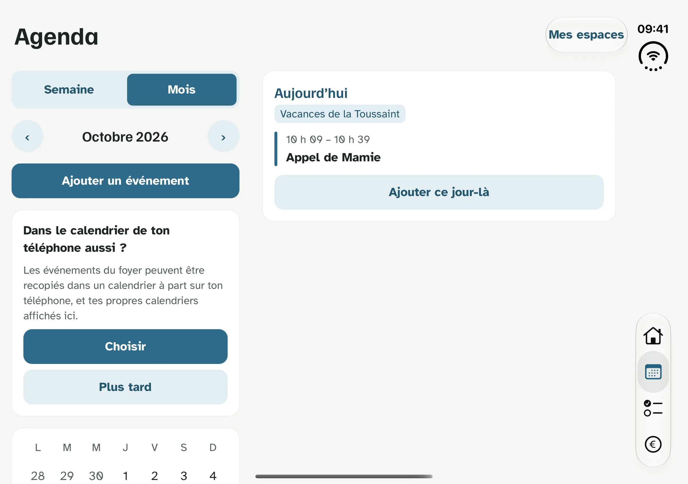 Maisonnée : l'agenda du foyer, vue du mois