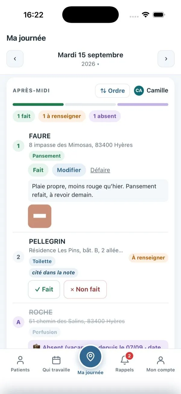 Espace du cabinet : la tournée de l'après-midi, soins à cocher