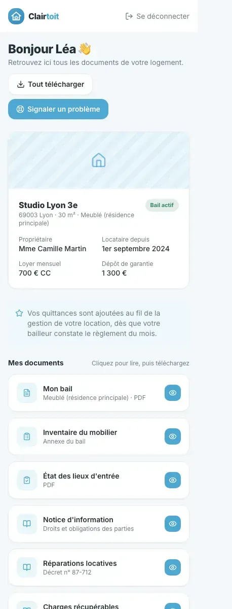 ClairToit sur mobile : l'espace locataire