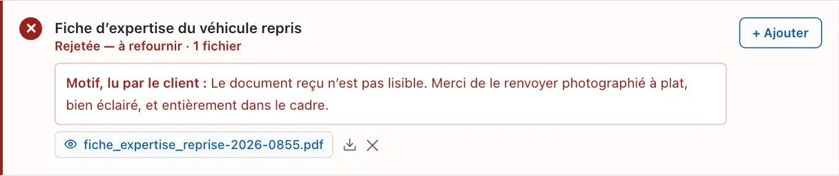 AutoDeliver : une pièce rejetée, avec le motif envoyé au client