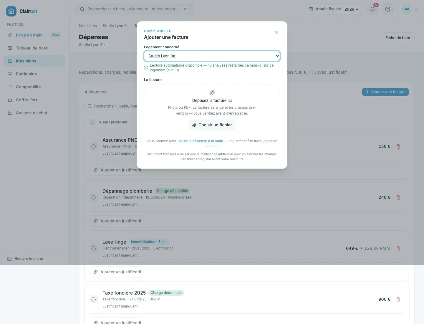 ClairToit : scan d'une facture