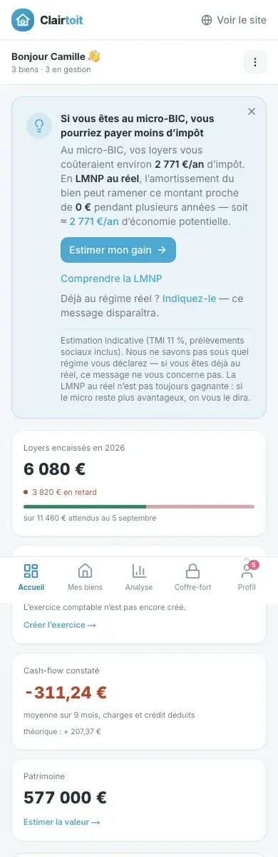 ClairToit : le tableau de bord sur mobile