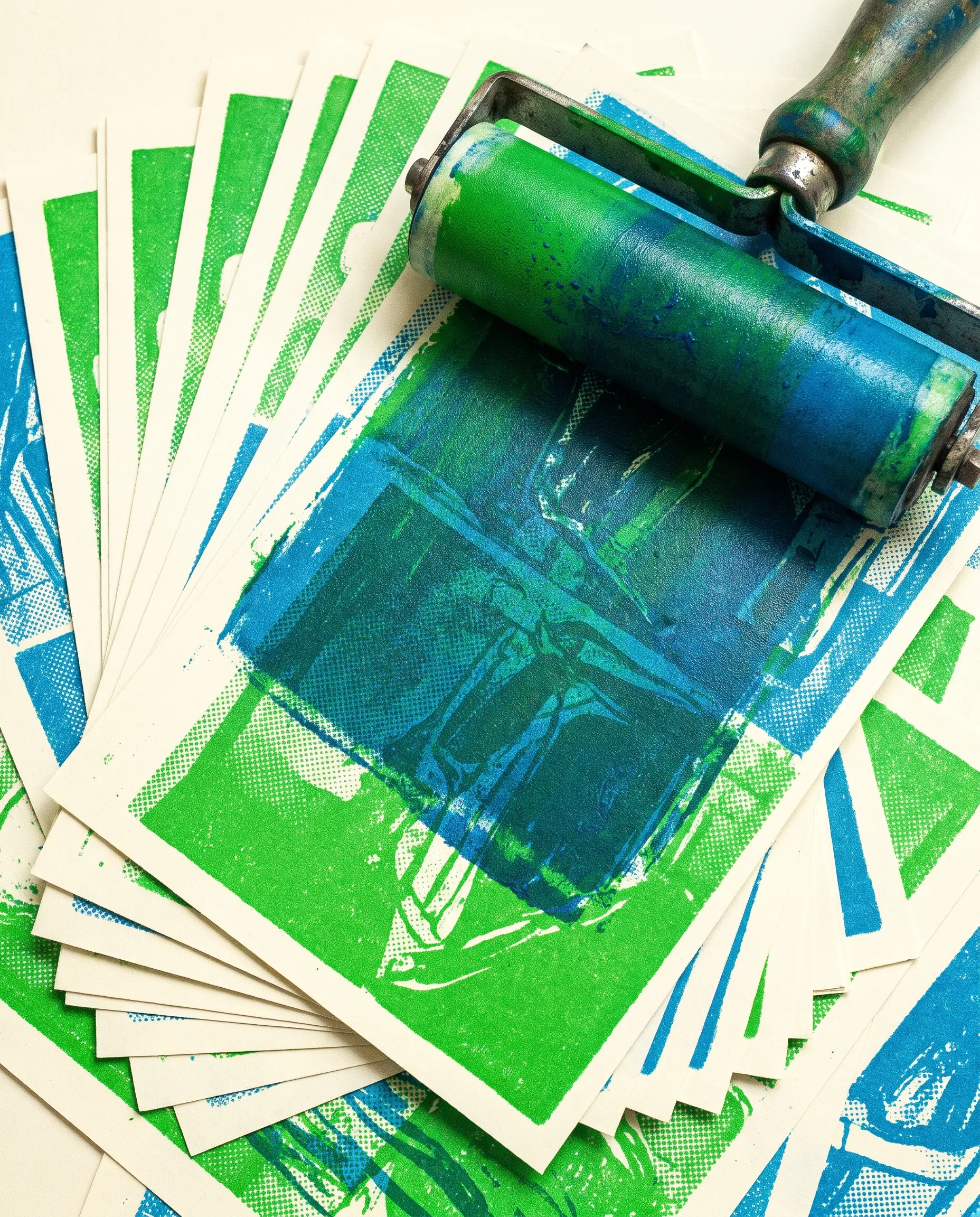 Tirages en risographie vert et bleu disposés en éventail, avec un rouleau encreur posé dessus.